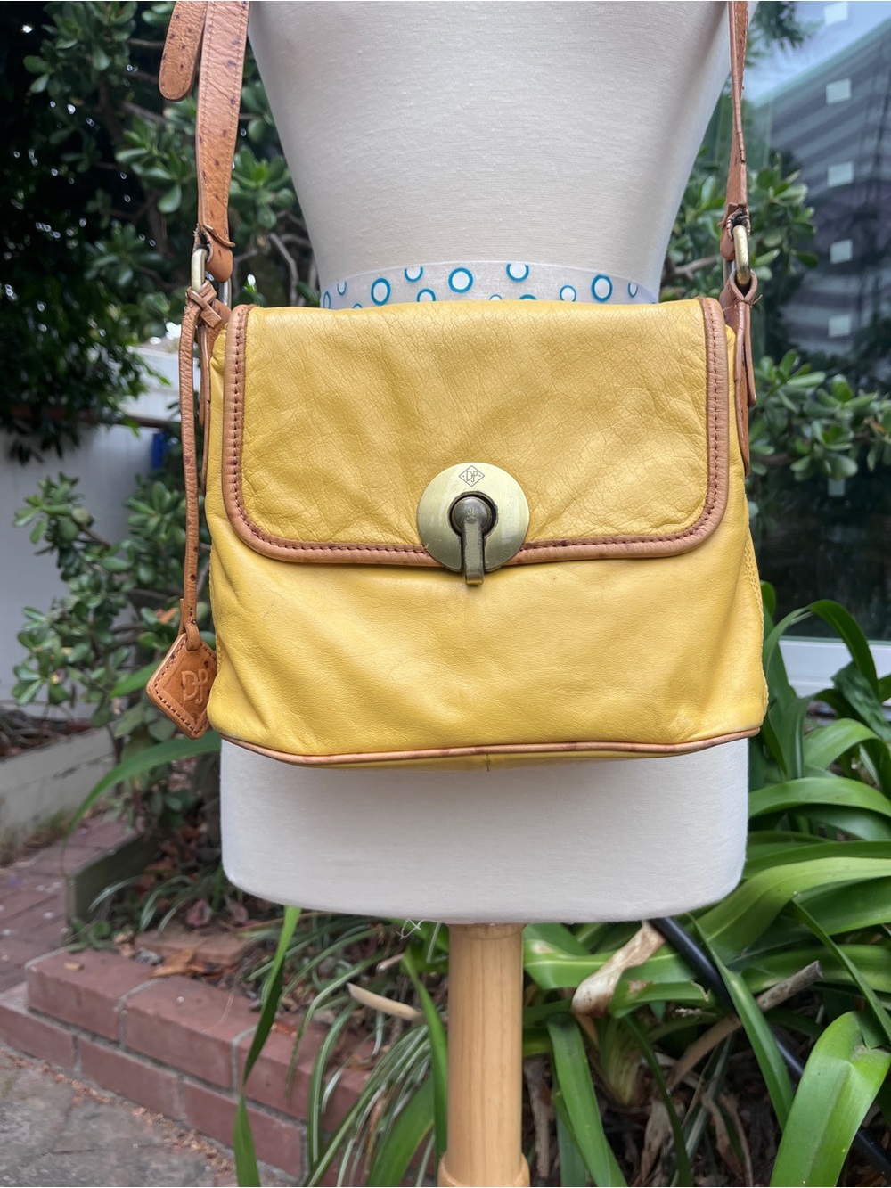 Donald Pliner Yellow Leather croc accents Crossbody Bag with Turn-Lock Closure